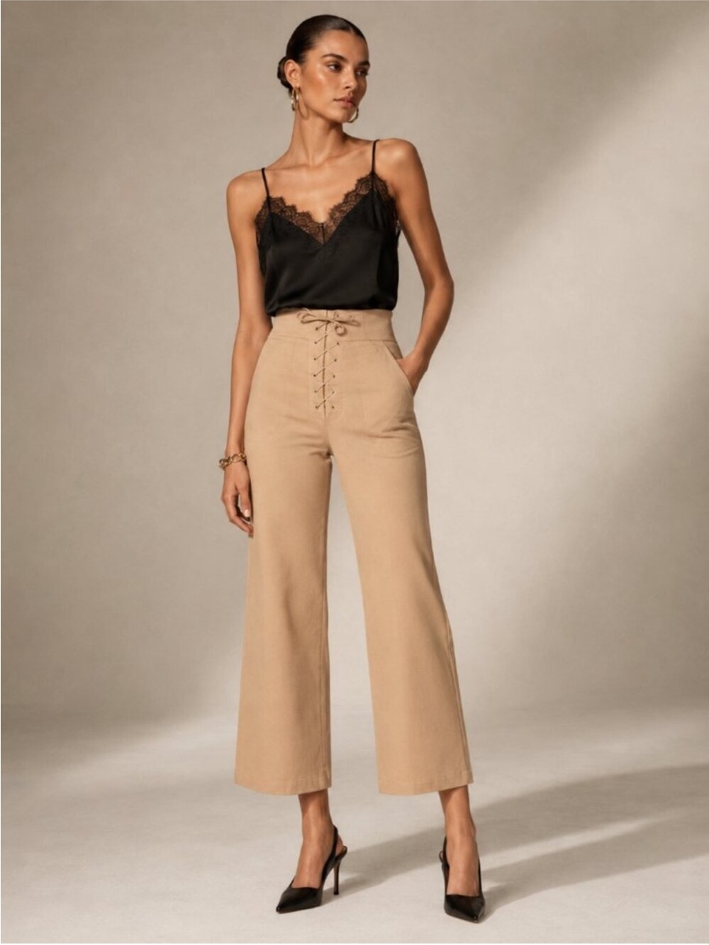A.L.C. Corset Wide Leg Pants Women’s Size 4 Kyt Tan Beige High Waisted Ankle GG